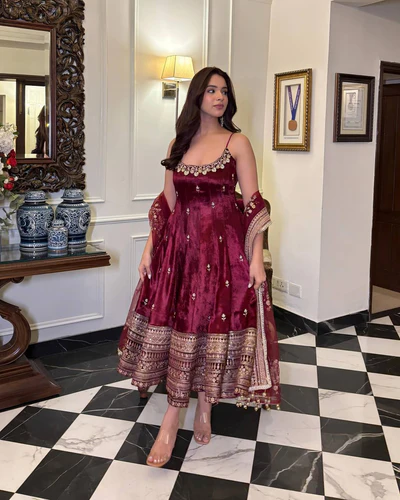 wine designer vichitra silk gown set